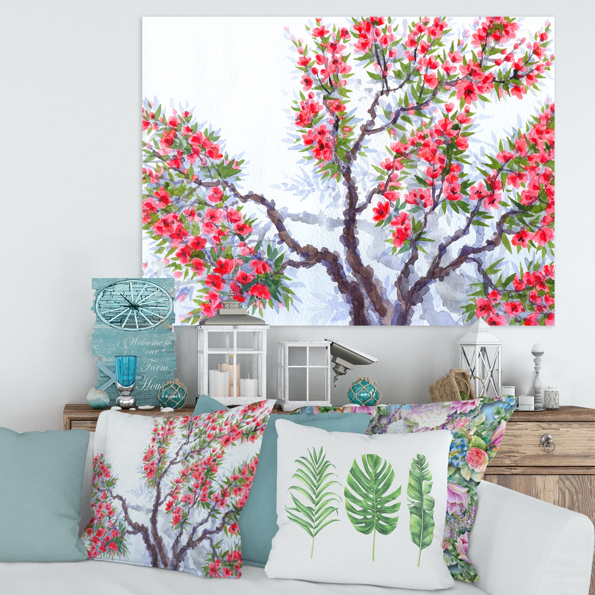 Designart ' Abstract Red Flowers of Spring Tree ' Traditional Canvas Wall Art Print