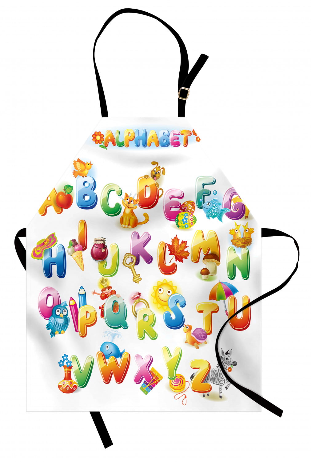 Educational Apron Cheerful Cartoon Fun Alphabet Design for Kids Cute Font Preschool Kindergarten, Unisex Kitchen Bib Apron with Adjustable Neck for Cooking Baking Gardening, Multicolor, by Ambesonne