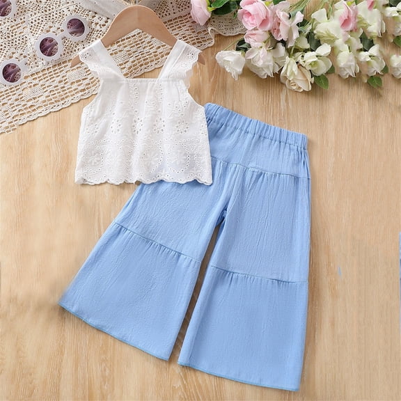 Girls Outfit Size 4-5 Y Embroidered Sleeveless Blouse and High Waist Wide Leg Pants Casual 2 Piece Toddler Girl Clothes