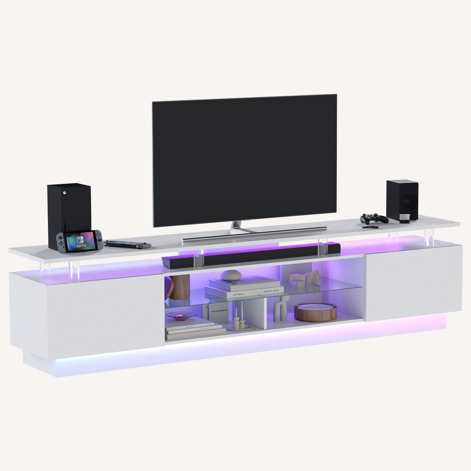 BaPiPro 80" LED Modern TV Stand for TVs up to 90", Entertainment Center TV Console with Music Sync LED for Living Room, White