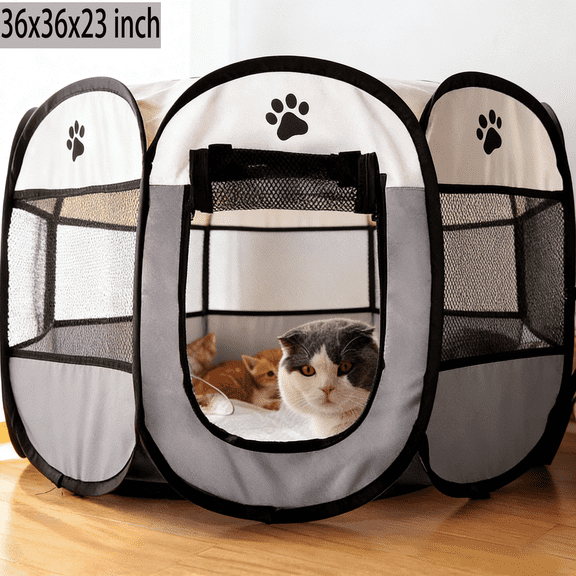 XEENSO Portable Pet Playpen Foldable Kennel Puppy Tent for Dogs Cats Rabbits Breathable Mesh Sturdy Octagonal Kennel Gray, 36"x36"x23"