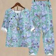 thumbnail image 2 of Birdeem Ensemble d'Été Imprimé pour Femmes Manches Mi-Longues Col Rond Haut Court + Pantalon Décontracté Ensemble de Détente Deux Pièces, 2 of 6