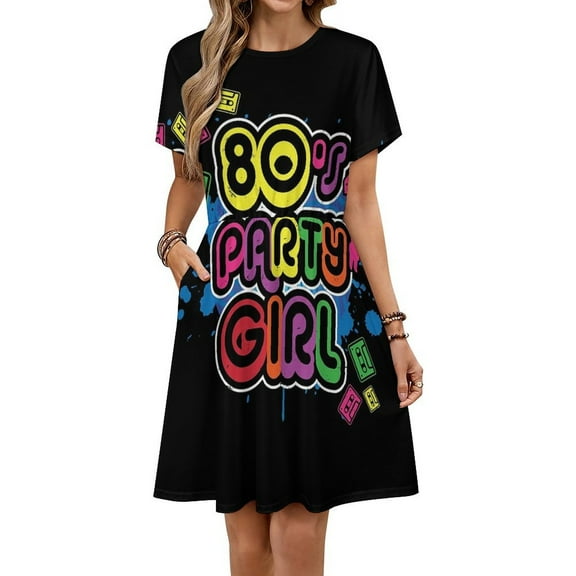 80s Party Girl Vintage Retro Eighties Costume Women's Dress Short Sleeve Summer Sundress Summer Women Clothes