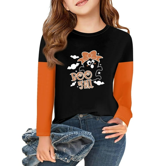 Abcomgle Girls Halloween Shirts 5t Spooky Ghost Boo Graphic T-Shirts for Kid Girls Crewneck Long Sleeve Tshirts for Girls Fall Funny Cute Top for Girls,6-7 Years