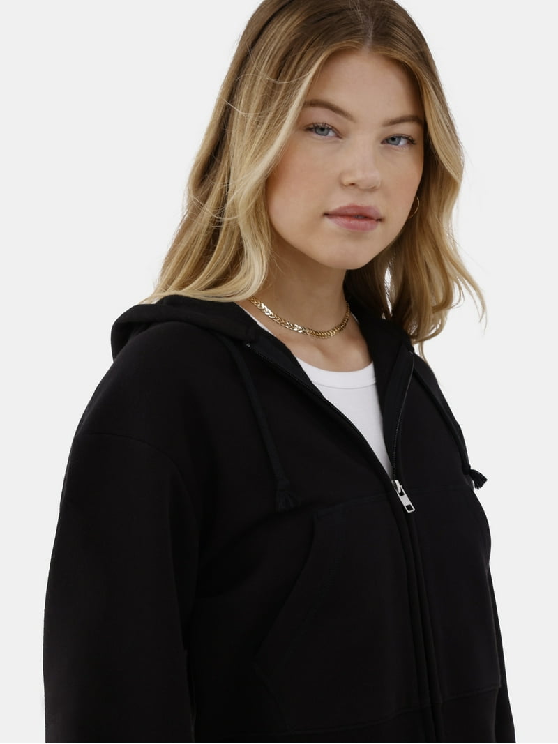 No Boundaries Women's Cropped Zip Hoodie, Cozy Fleece, Lightweight