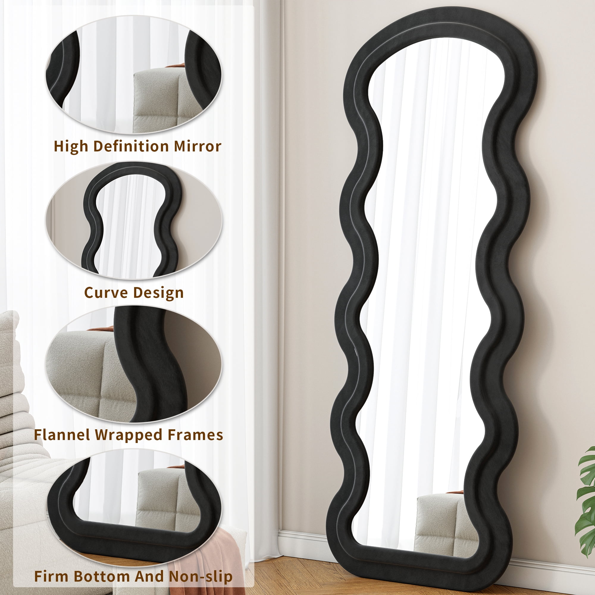 Full Length Floor Mirror with Flannel Wrapped Wavy Design, Wooden Frame and Shatterproof Glass, Standing or Wall Mount Mirror for Bedroom, 63"x24"