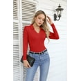 thumbnail image 5 of VICHVVY Womens Long Sleeve Shirts Lapel V Neck Slim Fitted Ribbed Knit Trendy Tight Polo Tops Red S, 5 of 5