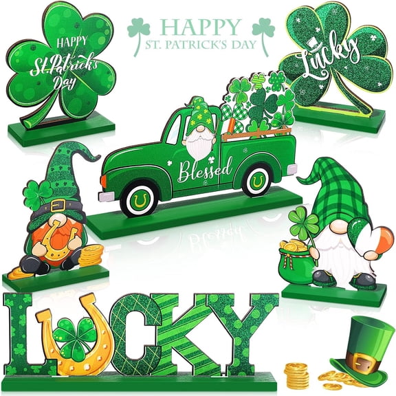 6 Pieces St. Patrick's Day Table Sign Decoration Happy Irish Lucky Centerpiece Signs Shamrock Gnome Wood Sign Leprechaun Table Decorations Signs for St Patrick's Day Home Party Decor