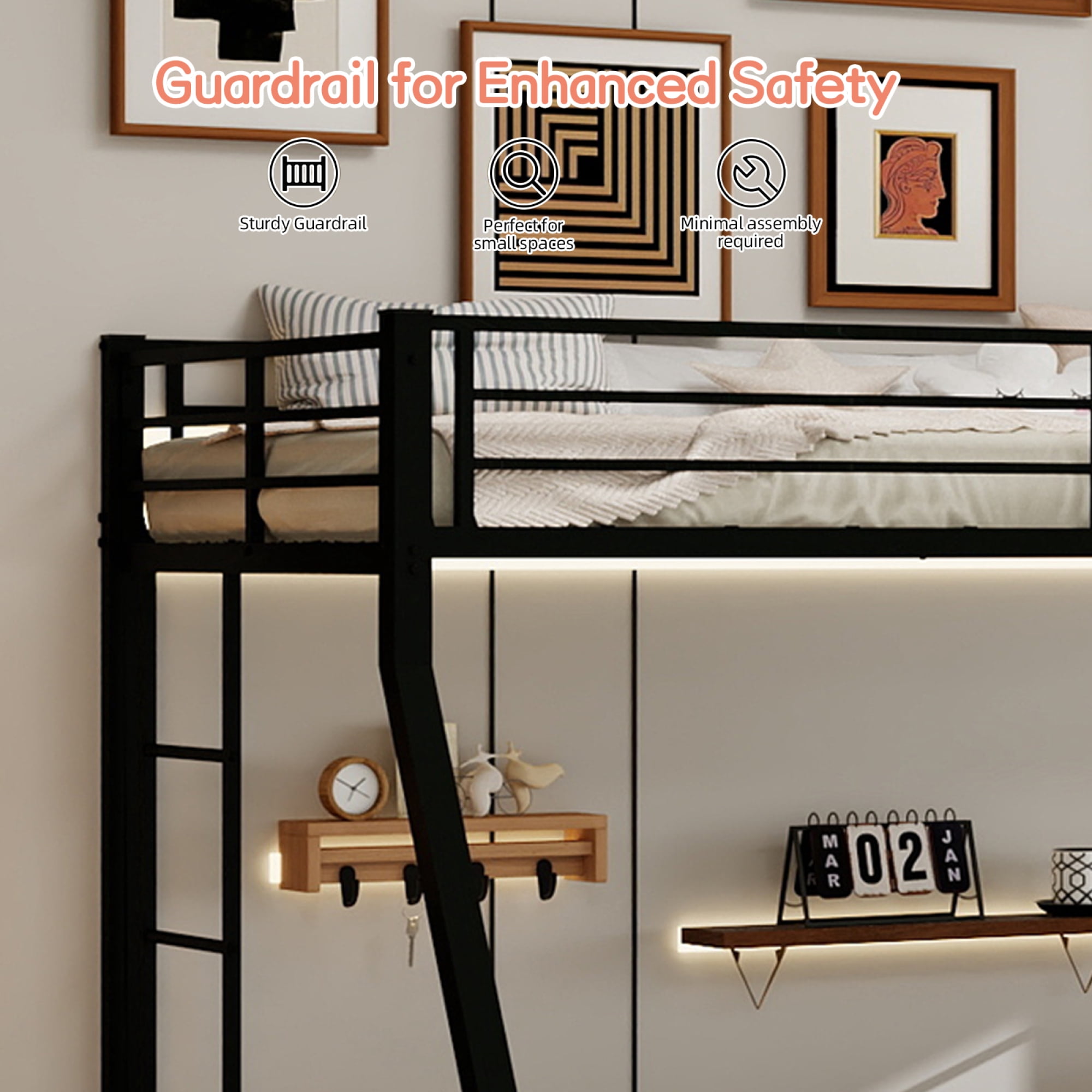 Leumius Metal Twin over Full Bunk Bed with Trundle, Space Saving Bunk Bed Frame with Ladder and Guardrails for Dorm, Apartment,Black