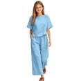 thumbnail image 4 of UACY Girls Pants Sets 2 Piece Outfits Casual Half Sleeve Tops with Wide Leg Palazzo Pants Summer Cropped Lounge Set ﻿ (Sky Blue, 7-8 Years), 4 of 6