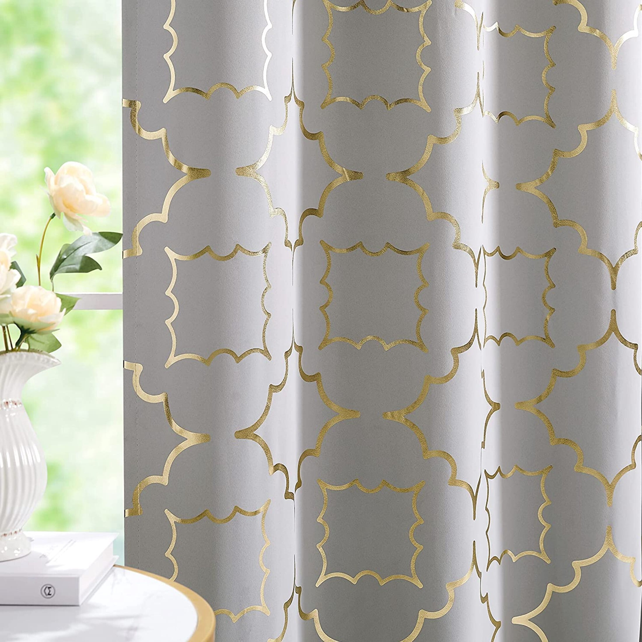 Junvictex Blackout Gold-Grey Grommet Curtain for Bedroom 52"Wx84"L Foil Metallic Print Energy Efficient Drapes,2 Panels