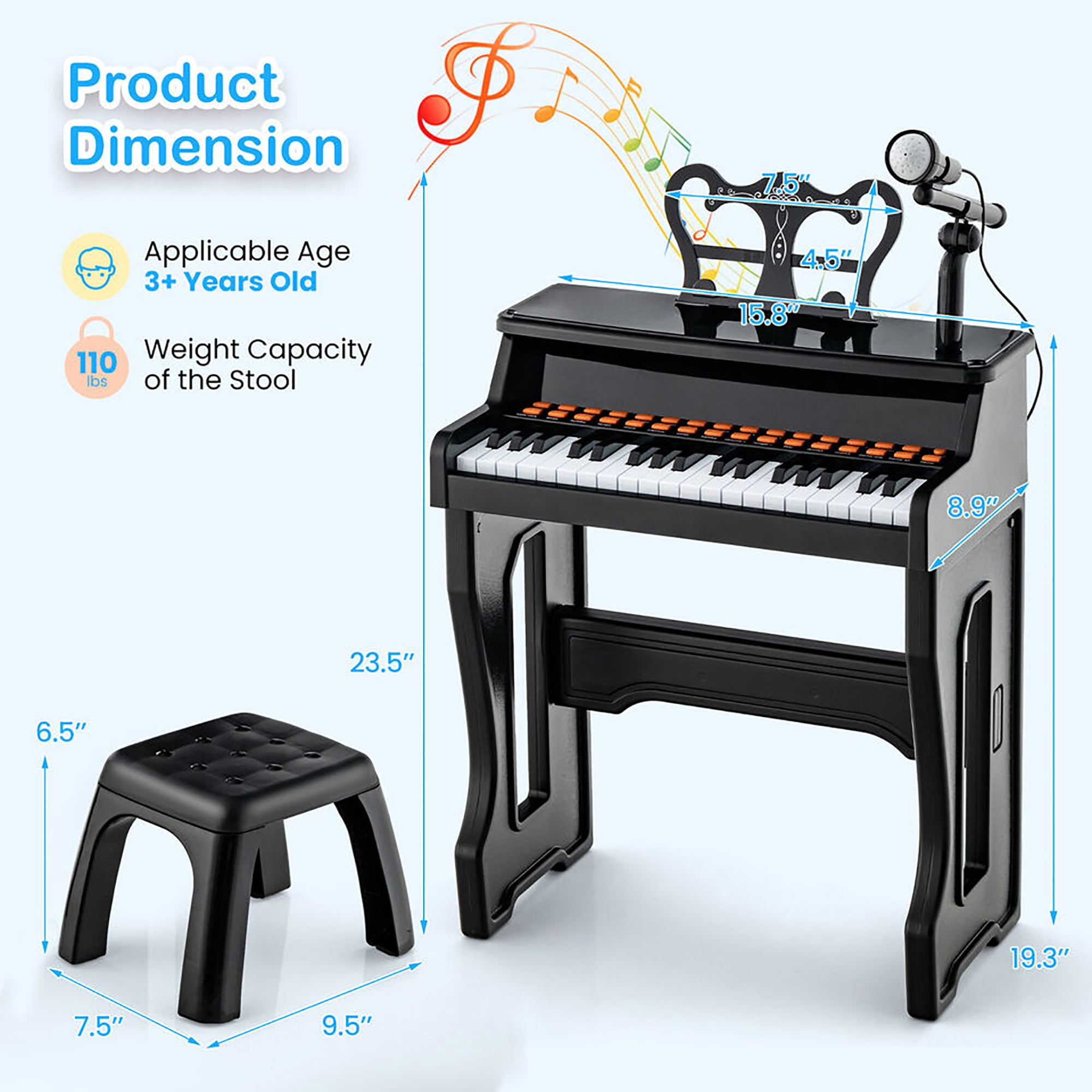 Gymax 37-Key Music Piano Keyboard Kids Learning Toy Instrument w/ Microphone Black