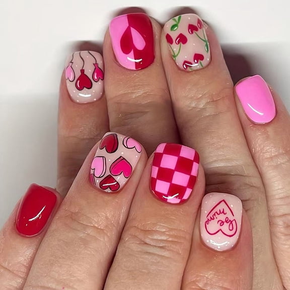 24 Pcs Valentines Day on Nails Heart Full Covers False Nails Manicures Supplies for Winter