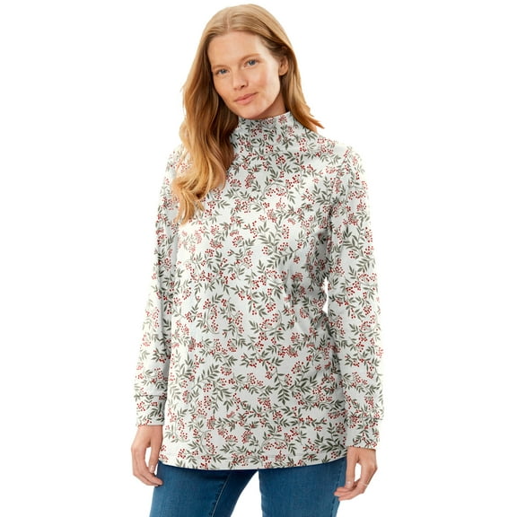 Woman Within Plus Size Perfect Printed Long-Sleeve Mockneck Tee