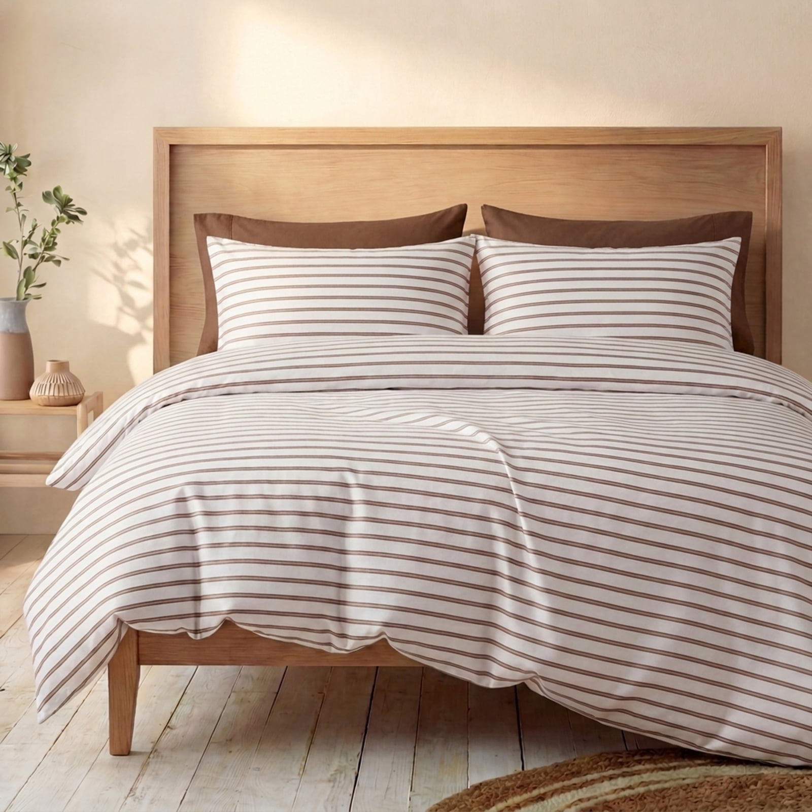 Khaki Striped Duvet Cover Set King Size,100% Cotton Bedding Set,Luxury Sateen Weave Silky Smooth Breathable Bedding Comforter Cover 3 Pcs with Zipper Closure and 8 Corner Ties