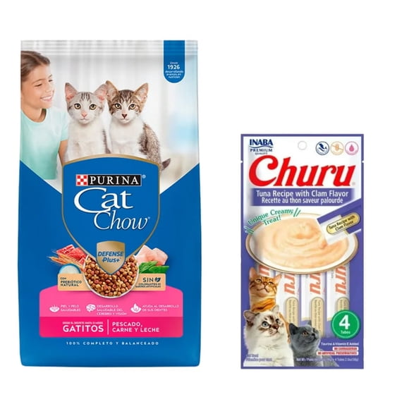 Cat Chow Gatitos Pescado Carne y Leche Defense Plus 7.5 kg + Churu Atún con Almeja Sobre con 4 Tubos de 14 g