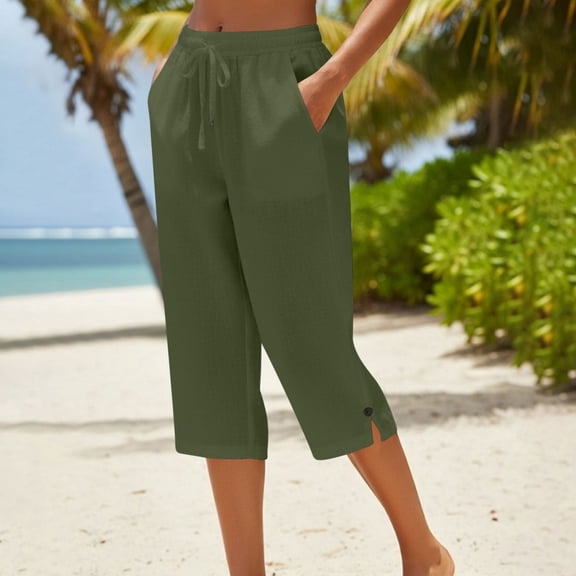 JUSLIO Womens Button with Pockets Loose, Linen Casual Slim Straight Capris