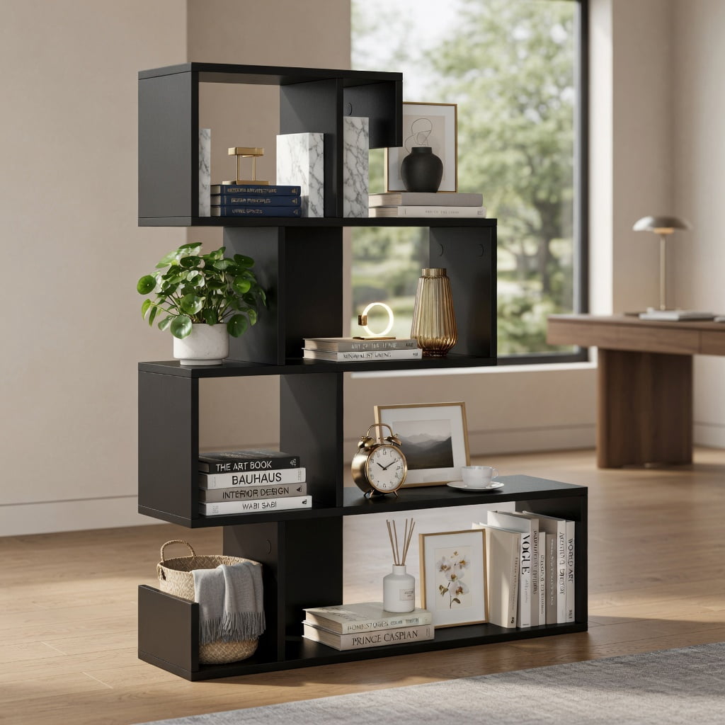 Spaco 5-Tier S-Shaped Bookshelf Geometric Z-Shelf Bookcase with Open Cubes-Black, Tall Bookshelf, Shelves for Living Room, Home Office, Bedroom, Balcony