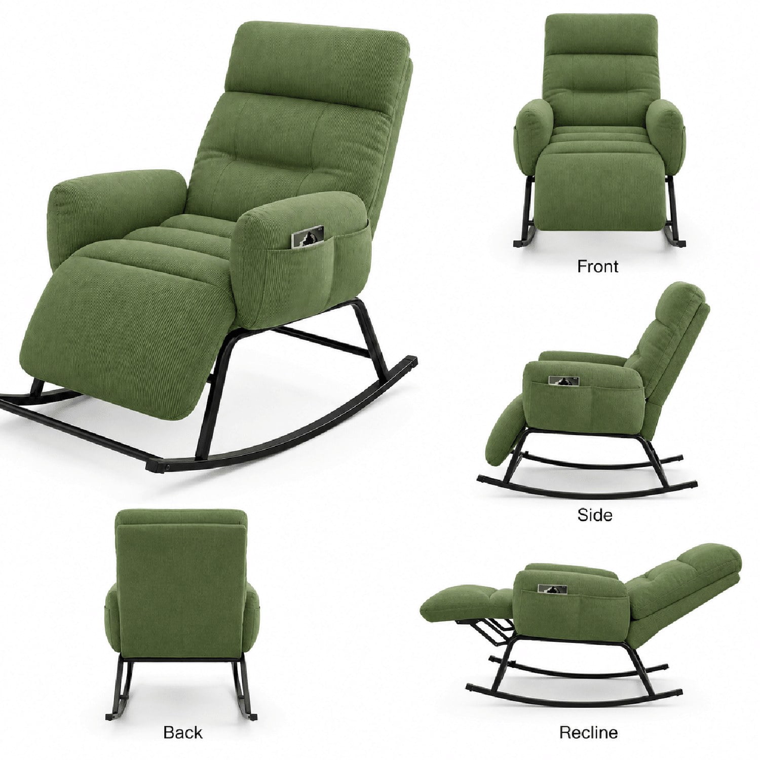 Modern Rocking Chair with Retractable Footrest, Upholstered Lounge Chair with Side Pocket, Plush Fabric, for Living Room Bedroom