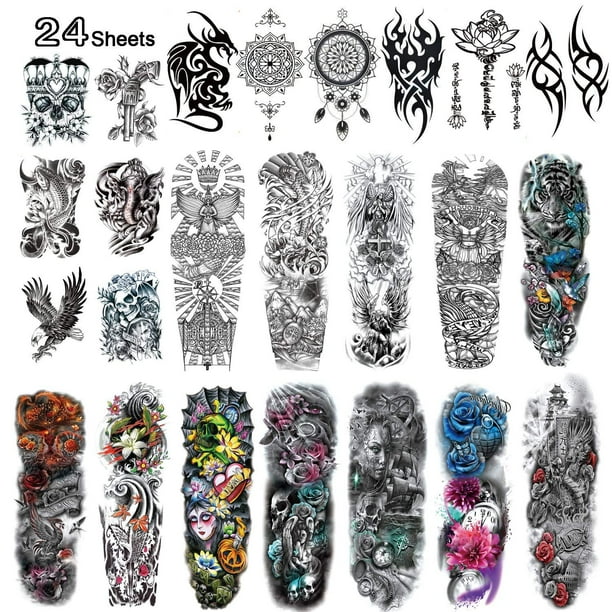 Kotbs 24 Sheets Full Arm Temporary Tattoo Large Arm Sleeve Tattoo Waterproof Temporary Tattoos For Women Men Body Art Tattoo Sticker Fake Tattoo Set 5 Full Arm Sleeve Tattoos 24 Sheets Walmart Com