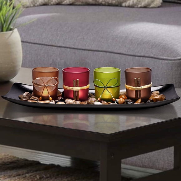 Decorative candlestick set for bathroom - Centerpiece for dining room, living room and coffee table (large tray with 4 candlesticks)