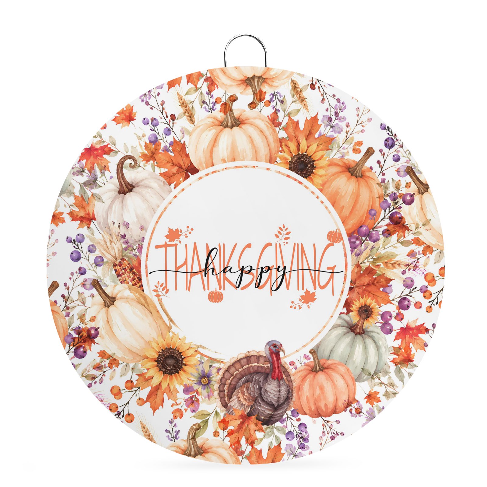 Welcome Sign Front Door Decorations Happy Thanksgiving Fall Round Wall Art Outdoor Metal Wreaths Pumpkins Autumn Leaves Botanical Seasonal Hanging Sign for Home Porch Decor Warming Gift 6 In
