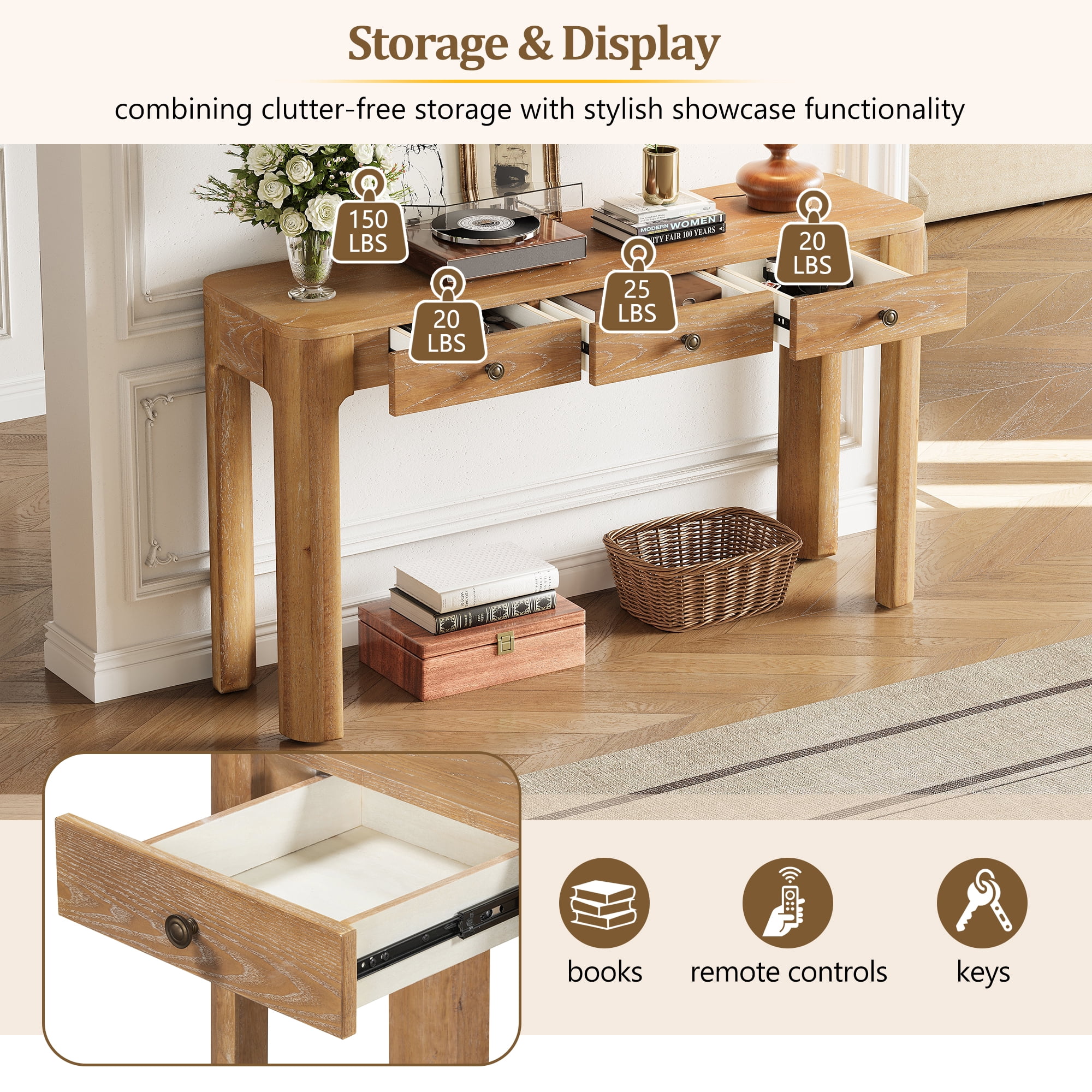 Aukfa 52" Console Table with Curved Corners, 3 Drawers & Thick Legs, Entryway Table for Living Room & Hallway, Natural