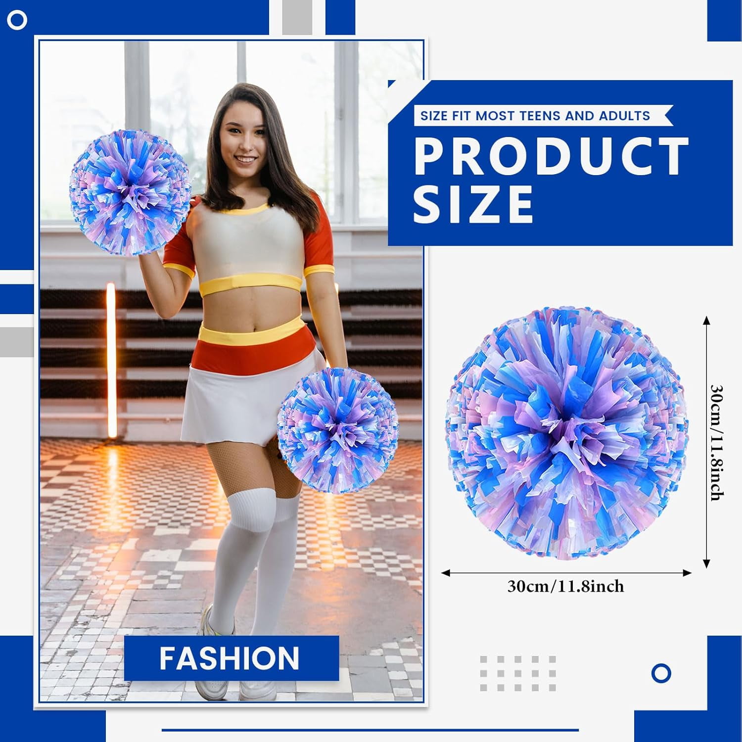Cheerleader Pom Poms 12 Pack Sports Dance Cheering Plastic Metallic Cheerleading Pom Poms for Kids Adults-Ring Style