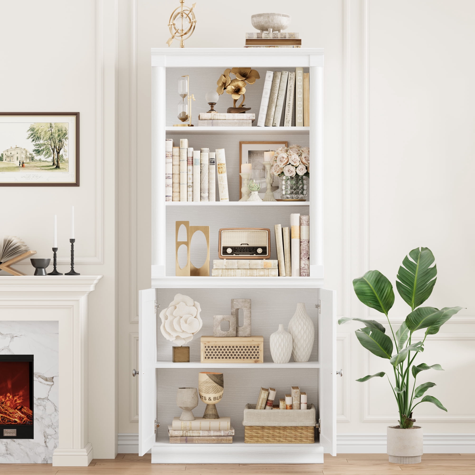 Homfa 71"H Bookcase with Doors, 5 Tier Storage Bookshelf with Adjustable Shelf for Study Home Office, White