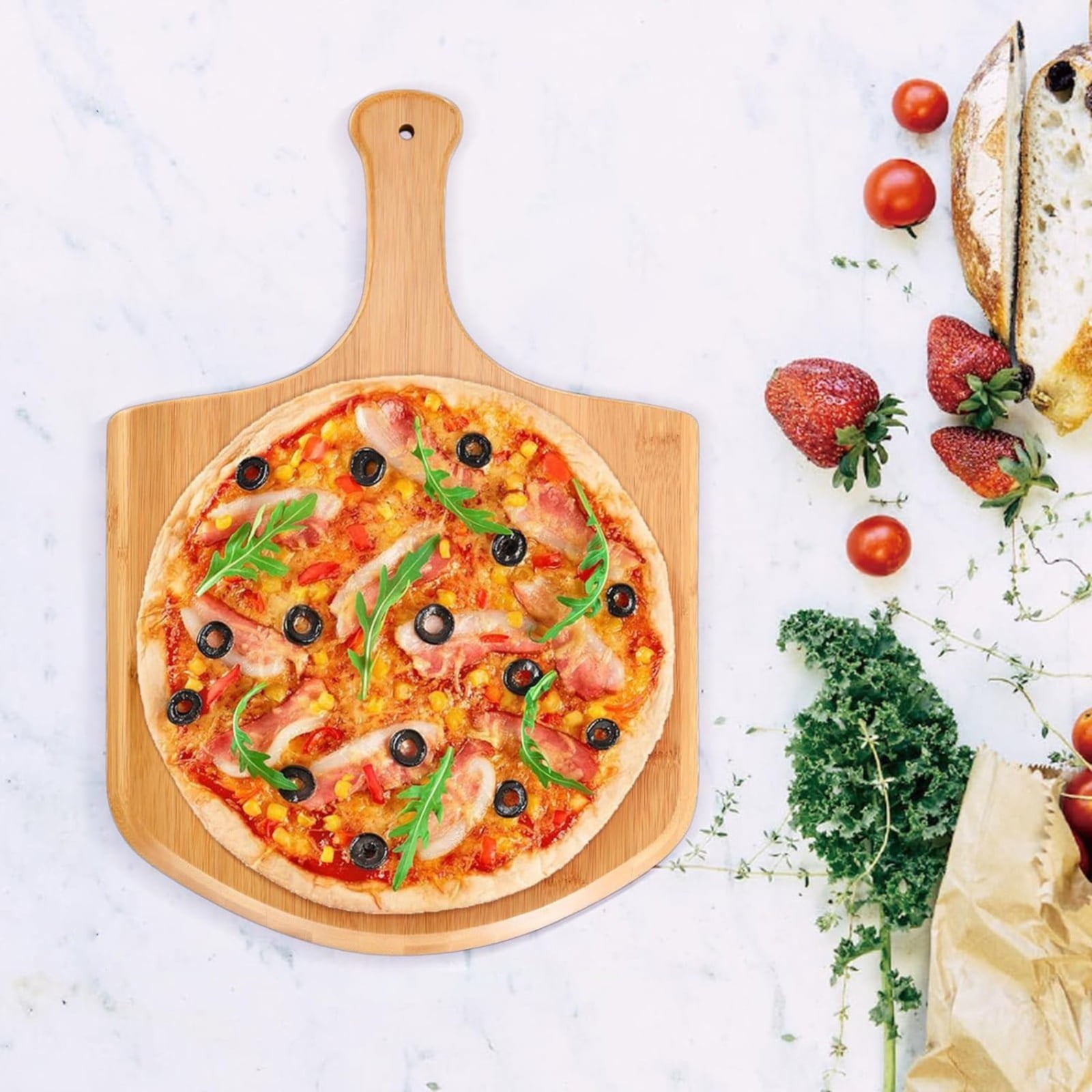 XKHBDL Pizza Peel, Bamboo Pizza Paddle Spatula - Wooden Serving Board, Oven Accessory for Baking Homemade, Wood Cutting Board for Cheese Bread Fruit Vegetables