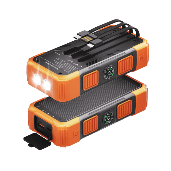 Solar Power Bank Portable Charger 20000mAh, 22.5W Fast Charging Compatible with iPhone Samsung iPad, 3 Built-in Cables & Dual LED Flashlight, Outdoor Battery Pack for Camping Travel Hiking
