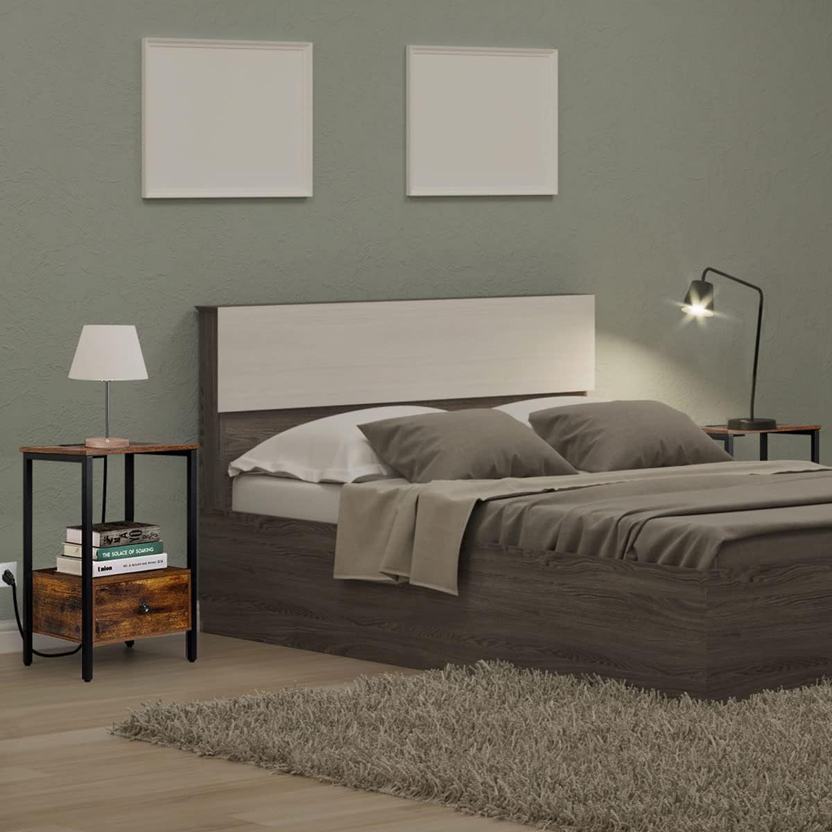 Oumilen Adult Nightstand Bottom Wood Drawer with Chargers Brown, Set of 2