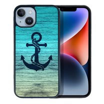 FINCIBO Soft Rubber Protector Cover Case for Apple iPhone 14 6.1" 2022, Blue Anchor Wood