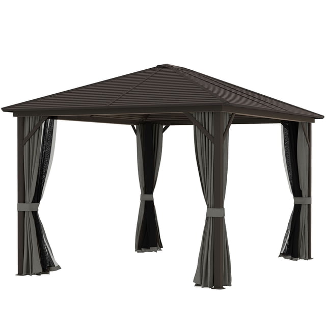 Gazebo à Toit Rigide 10 Pieds x 12 Pieds avec Toit en Acier, Pavillon Extérieur à Cadre en Aluminium Résistant à la Rouille avec Rideaux d'Intimité et Moustiquaire, Abri de Jardin Gris pour Cour Arrière et Patio