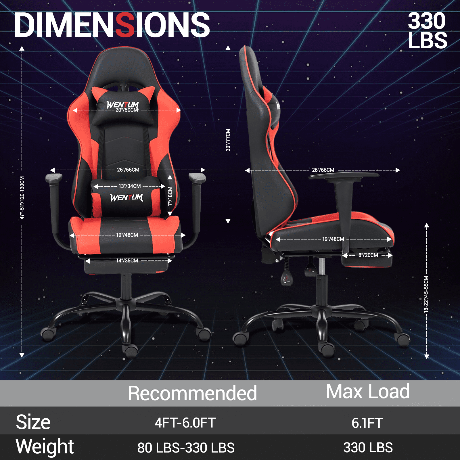 WENTUM Reclining Gaming Chair with Footrest, Massage Racing Office Chair, PU Leather Computer Desk Chair with Head Pillow for Adults, Red