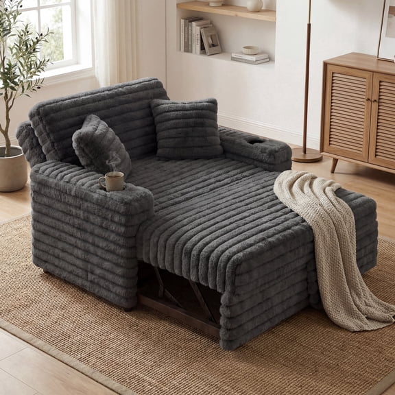 Marrber Gray Plush Sofa 52” 3-in-1 Convertible Pull-Out Sofa Bed Sleeper Loveseat with Reclining Backrest, Built-in Cup Holders, Corduroy Upholstered Sofa for Small Space