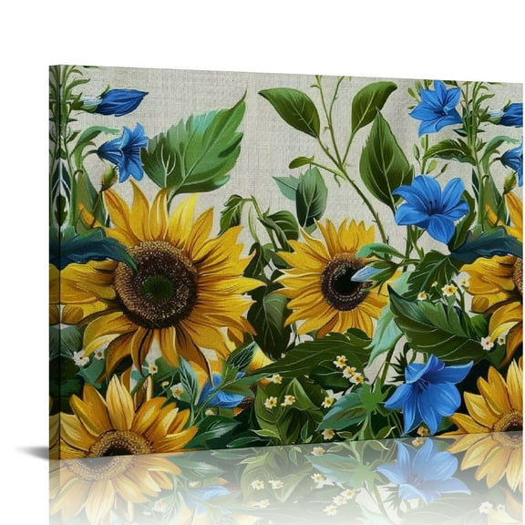 Sunflowers Blue Flowers Green Leaves Print On Canvas Wall Art Decor Ready To Hang - Home Room Art Decor 16x12in