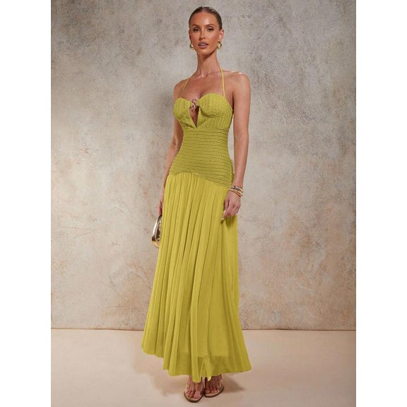 Green Solid Halter Tie Maxi Dress With Pleated Skirt And Keyhole Bust Detail
