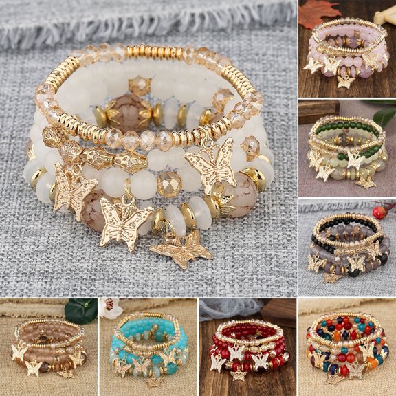 Hyasfey 4Pcs Women Bohemia Style Bracelet Faux Beads Butterflies Pendant Elastic Wristband Jewelry Gift