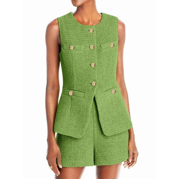 Women'S Two Piece Casual Suit Set Sleeveless Button Vest Shorts Office Business Suit Green M