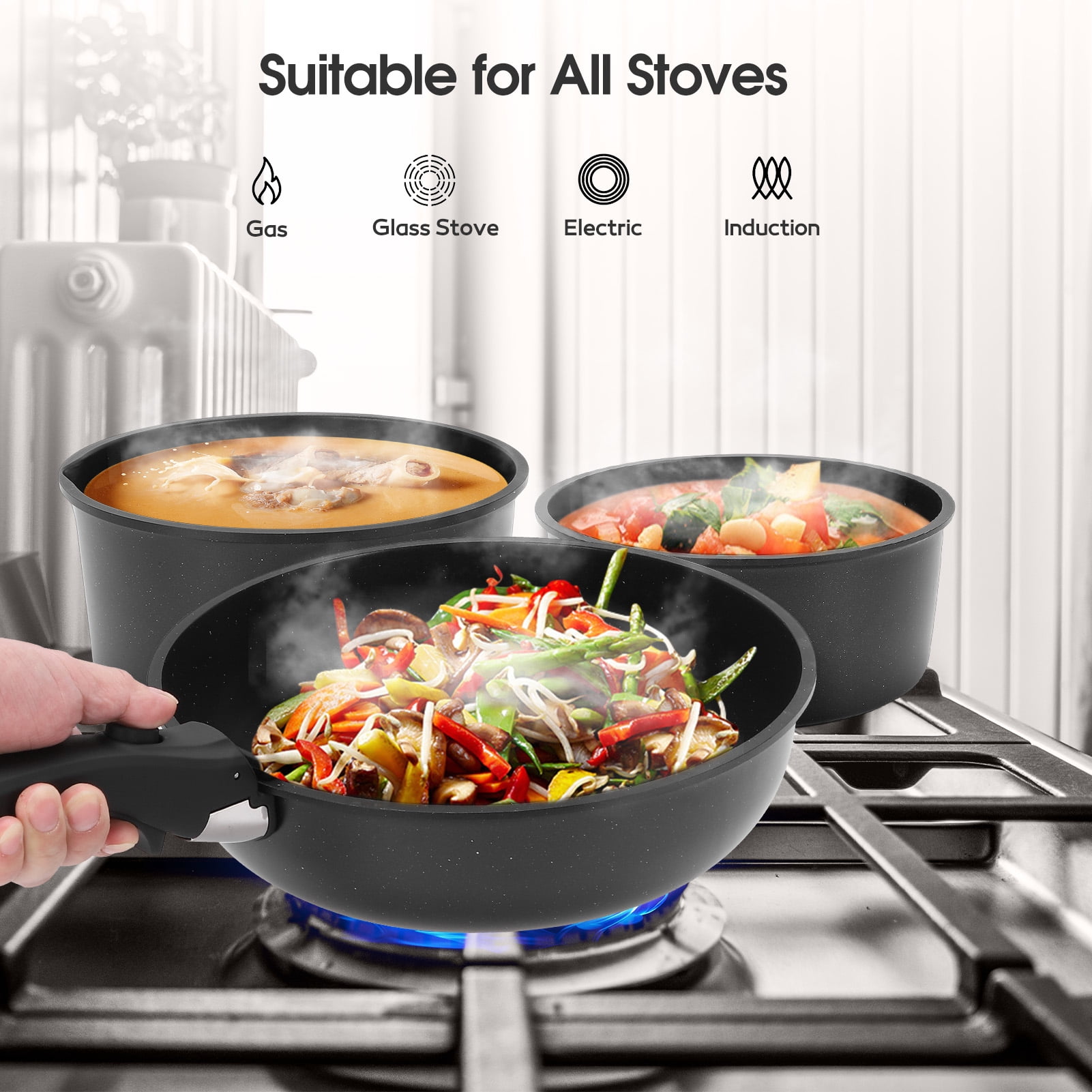 20 Piece Ceramic Pots and Pans Set Non Stick, Cookware Set with Detachable Handles, Oven Safe, Induction Ready, Stackable RV Kitchen Cooking Set, Black