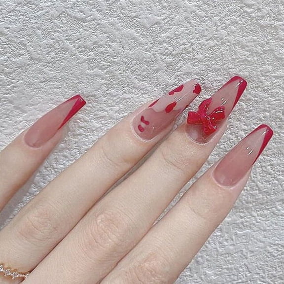 24pcs Press On False Nails Fake Nail Salon Full Cover Design for Women Girls Gift Coffin French Style Red Bow Tie