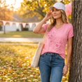 thumbnail image 5 of JULMCOMO Breast Cancer Shirts for Women V Neck Floral Pink Ribbon Print Breast Cancer Awareness Loose Comfy Tshirts Casual Soft Graphic Tees Vermilion M, 5 of 8