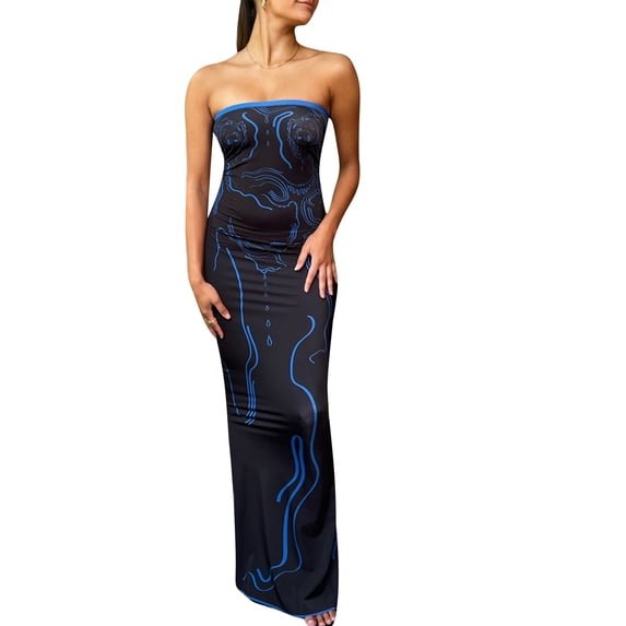 Women Summer Tube Dress, Abstract Print Strapless Off-Shoulder Sleeveless One-Piece with Slit Hem