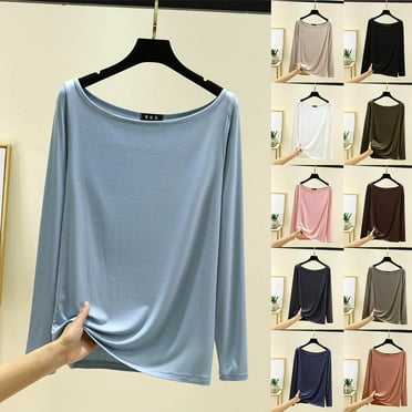 HVOBTTY Womens Long Sleeve Pullover T Shirt, Fall Tops for Women, Women's Fashion Comfortable Crew Neck Solid Color Stretch Basic Base Layering Top Blue, XL