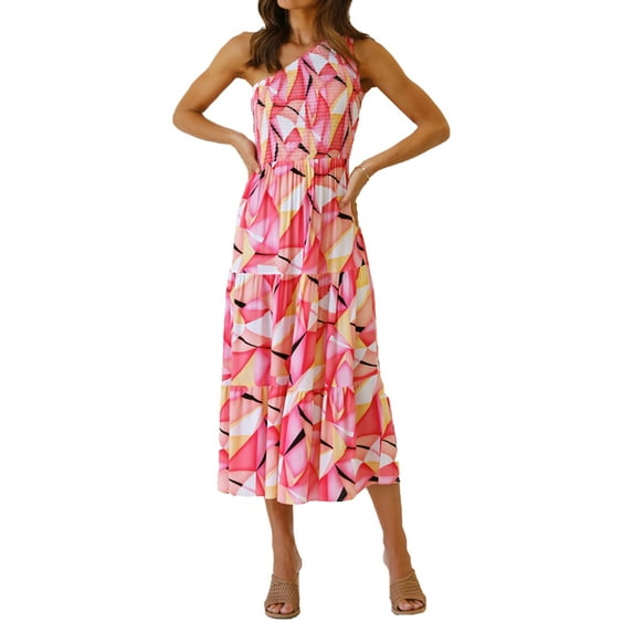Seyurigaoka Women's Boho Summer Printed One Shoulder Sleeveless Smocked Flowy Tiered Beach Party Maxi Dress
