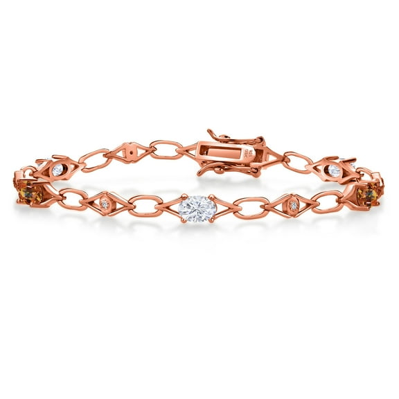 18K Rose Gold Plated Silver White Moissanite and Ecstasy Mystic Topaz and Round White Lab Grown Diamond Tennis Bracelet for Women (3.04 Cttw, Gemstone Birthstone, Oval 6X4MM, 7.25 inches)