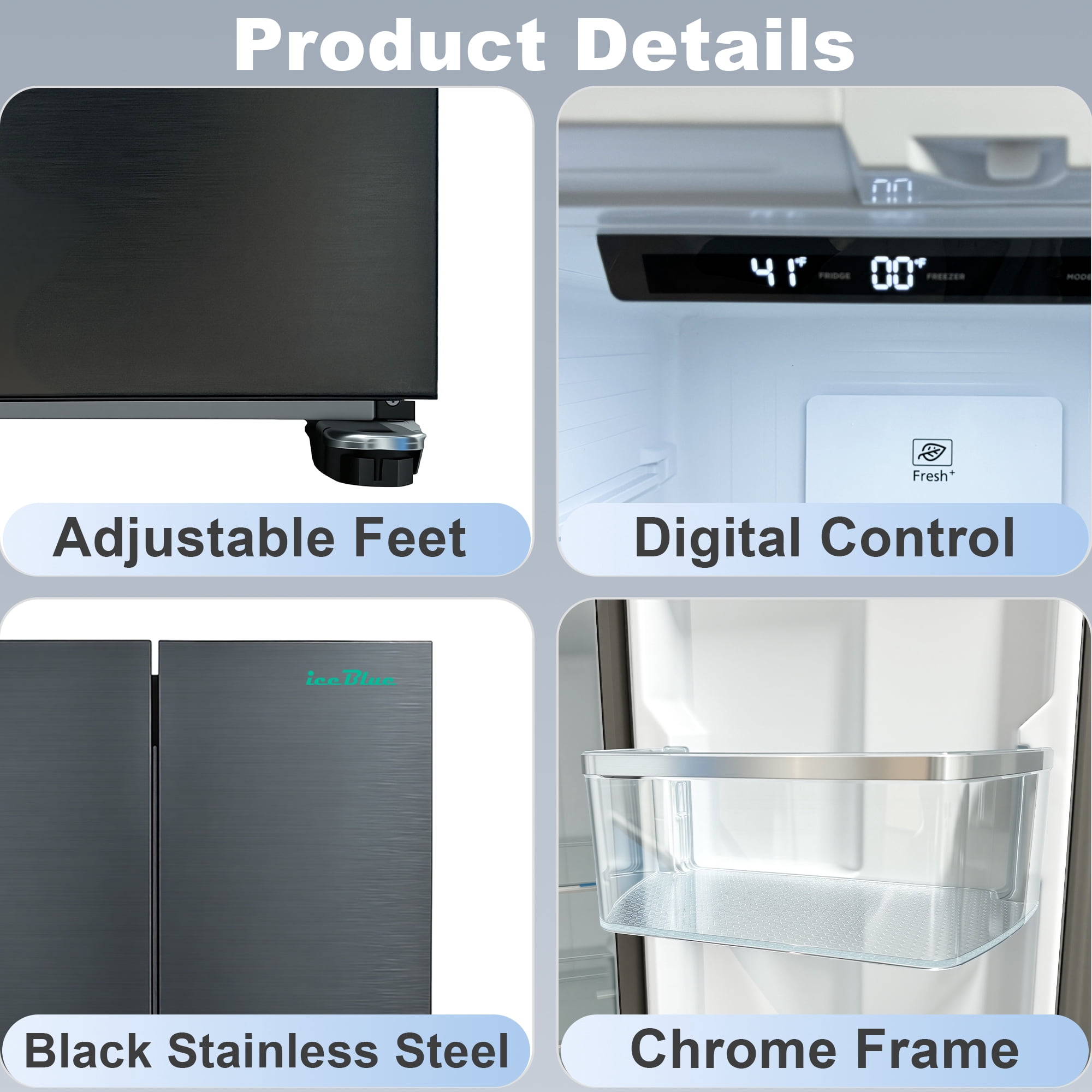 iceBlue 30" Black Stainless Steel French Door Refrigerator, Top Fridge and Drawer Freezer, 17.7 Cu. Ft.