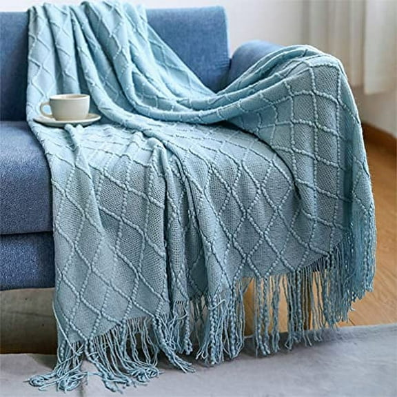 Fennco Styles Rhombus Diamond Knit Modern Fringe Throw 50"W x 60"L - Aqua Geometric Throw Blanket for Sofa, Couch, Living Room, Bedroom Décor and Holiday Gifts