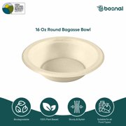 BOSNAL 16 Oz Round Bagasse Bowls (50 Pack) – Compostable, Biodegradable & Eco-Friendly Disposable Bowls for Hot and Cold Food, Parties & Catering
